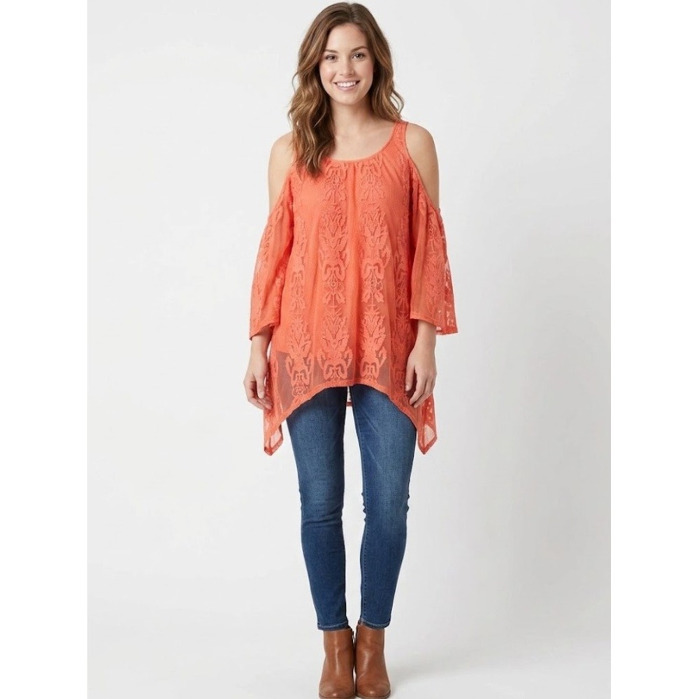 New Mindset by XCVI Large Orange Lace Cold Shoulder Boho Festival Blouse